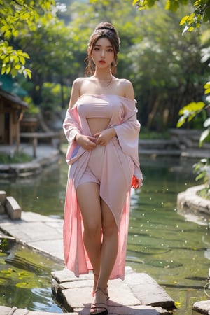 masterpiece, high quality, realistic aesthetic photo ,(HDR:1.2), pore and detailed, intricate detailed, RAW photo, wide shot, full body, sensual, ethereal atmosphere, 1 beautiful japanese woman,  low-cut off-shoulder pink kimono, pond,no_bra,3va