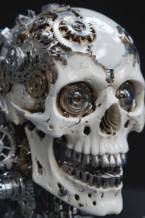(masterpiece,high detailed,super highres), (portrait shot), sharp focus, soft lighting, ((bio mechanical skull with gears and glass camera lens eyes)), ((shiny Chrome and white colors)), circuit bacground, ((close-up face)), ((centered)), 4K