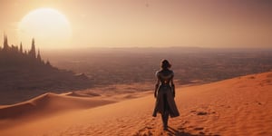 A futuristic girl in a stunning orange dune landscape, beautiful lighting,  suns in the far horizon and other visible planets in the sky, a vast lost city on the right side of the picture, 4k, Epic, cinematic