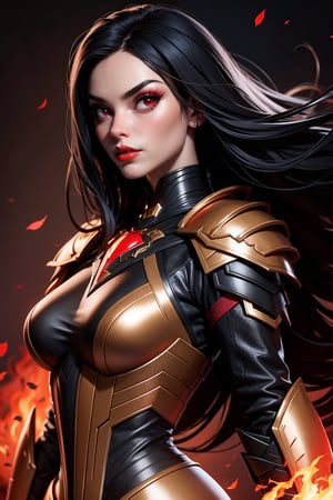 A women in heroic black armor with red gold details in a burning environment, night, black hair, dark eyes, red lips, combintion latex