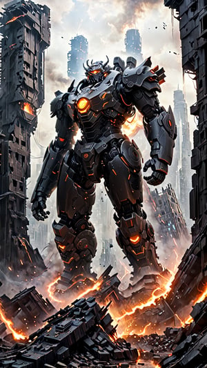 Amidst the chaos of a (((dystopian metropolis))), the ruins of an ancient civilization clash with ((futuristic black mechs)), their battles echoing through the shattered skyscrapers. A solitary figure stands atop a (towering remains), silhouetted against the raging inferno below, wielding a (powerful weapon) that crackles with (electric energy), their resolute posture cutting through the destruction