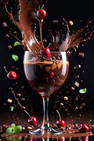 a photograph of a wine glass, maraschino cherries , hundreds and thousands, pieces of chocolate, sprinkles, wafers , dark chocolate sauce, hazle nuts, mint leaves, splashing dark chocolate sauce, in a gradient Cherry  coloured background, fluid motion, dynamic movement, cinematic lighting, palette knife, digital artwork by Beksinski,action shot,sweetscape, 3D, oversized fruit, caramel theme, art by Klimt, airbrush art, food photography, food explosion, 