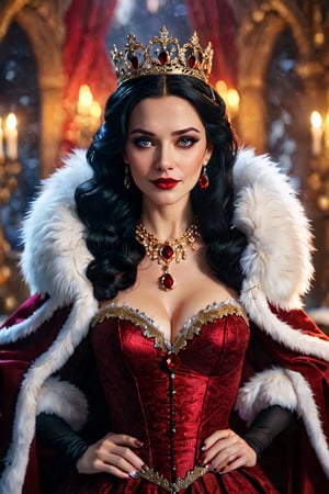 (best quality,8K,highres,masterpiece), ultra-detailed,1girl, Evil Queen of hearts,long hair,looking at viewer, Evil grin,blue eyes,black hair,dress,cleavage,jewelry,medium breasts,upper body,earrings,necklace,cape,lips,fur trim,makeup,crown,lipstick,gem,snow,eyeshadow,snowing,realistic