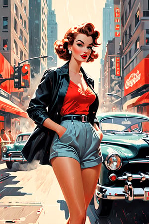 Produce an eye-catching flat illustration that transports viewers to a retro-inspired comic book world. Picture a dynamic scene where our vintage-style female model confidently struts across a bustling city street, her high-waist shorts and crop top catching the attention of passersby. Use a bold combination of red and black to convey a sense of timeless elegance and intrigue. Enhance the illustration with subtle halftone patterns, adding depth and texture to the artwork. Consider incorporating iconic elements from the 1950s or 1960s, such as vintage cars, neon signs, or mid-century architecture, to further evoke the era's charm and allure. Ultimately, aim to create a visually stunning piece that not only captures the essence of retro fashion but also transports viewers to a world filled with nostalgia and excitement.