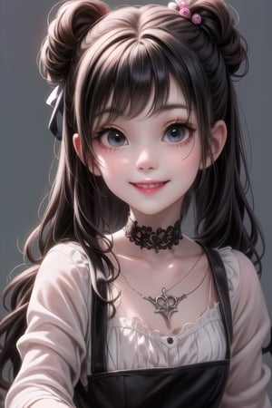 a cute loli goth girl smiling, hair accesories, choke, dynamic pose, photoshoot, looking at viewer,
