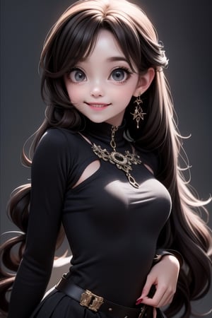 a cute loli goth girl smiling,  hair accesories,  choke,  hair accesories,  dynamic pose,  photoshoot,  looking at viewer,