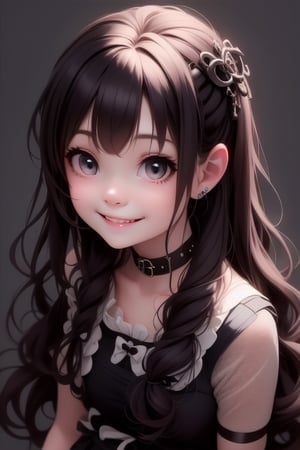 a cute loli goth girl smiling,  hair accesories,  choke,  dynamic pose,  photoshoot,  looking at viewer,