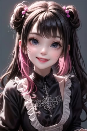 a cute loli goth girl smiling, hair accesories, choke, dynamic pose, photoshoot, looking at viewer,
