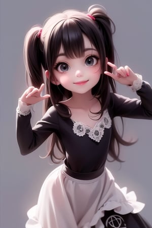 a cute loli goth girl smiling, hair accesories, choke,  hair accesories, dynamic pose, photoshoot, looking at viewer,