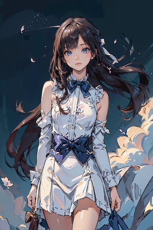 (((masterpiece))), (((best quality))), ((ultra-detailed)), (illustration), (1 girl), (solo), ((an extremely delicate and beautiful)), little girl, ((beautiful detailed sky)), beautiful detailed eyes, side blunt bangs, hairs between eyes, ribbons, bowties, buttons, bare shoulders, (small breast), blank stare, pleated skirt, close to viewer, ((breeze)), Flying splashes,  Flying petals, wind, 