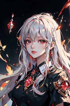 {{masterpiece}},illustration,best quality,extremely detailed CG unity 8k wallpaper,original,high resolution,oversized documents,portrait,{{{{{extremely delicate and beautiful girl}}}}},{{artbook}},{precise geometry},{{{fantasy}}},white hair,very long hair,gem hair,messy hair,floating hair,hair flowing in the wind,red eyes,beautiful detail eyes,jewel eyes,{{red crystal armor}},red crystal decoration,{{red crystal dragon}},{{red crystal}},fog,drifting ashes,breeze,ashes,casting spells,ice crystal magic,depthoffield,{lens flare},good lighting,{{{{ray tracing}}}},glittering,sparkling,dynamic angle,cinematic angle