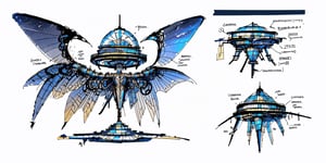The spaceship looks like a crystal obelisk with graceful wings, wings spread wings, its metal body reflects the light of the stars, a domed cockpit,(Character Design, sketch, prototype),shouhui