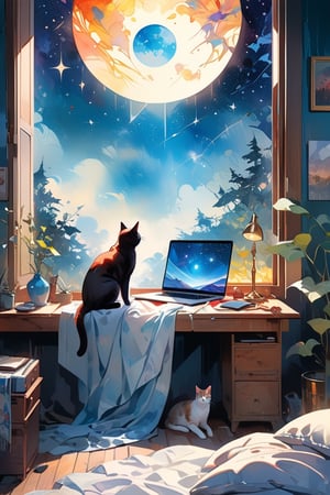a female figure sits on her bed gazing out of her dark bedroom window at the starry night sky, her laptop in front of her; the dc comics bat signal can be seen outside the window; female figure is petite, with long auburn/brown hair. next to her on the bed, a cat is sleeping; simplistic style, cozy feeling, soft dim light, blue and purple color palette; tumblr illustration, cartoon vector, comic book style, dynamic background, 4k resolution, masterpiece, best quality, Photorealistic, whimsical, illustration by MSchiffer, cinematic lighting, Hyper detailed, atmospheric, vibrant, dynamic studio lighting, wlop, Glenn Brown, Carne Griffiths, Alex Ross, artgerm and james jean, spotlight, fantasy, surreal, from the collaboration of Carne Griffiths and Wadim Kashin, ink and watercolor techniques blending,    Impasto Encaustic painting! Masterpiece, Magnificent Textures. Stylized Impasto Summerscape day, Warm complementary colors. detailed encaustic painting, deep color, fantastical, intricate detail, complementary colors, fantasy concept art, CGSociety,impressionist painting, watercolor effect, bokeh, fantasy art, watercolor effect, bokeh, digital painting, soft lighting, retro aesthetic, natural lighting, cinematic, masterpiece, highly detailed, intricate, extreme texture, octane render