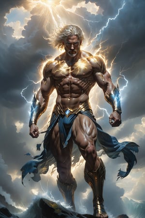 wide shot, full body, photorealistic of male storm titan, ultra-high resolution, photographic light, illustration by MSchiffer, fairytale, sunbeams, best quality, best resolution, cinematic lighting, Hyper detailed, Hyper realistic, masterpiece, atmospheric, high resolution, vibrant, dynamic studio lighting, wlop, Glenn Brown, Carne Griffiths, Alex Ross, artgerm and james jean, spotlight, fantasy, surreal