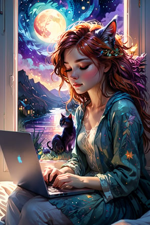 a woman sits on her bed gazing out of her bedroom window at the starry night sky, her laptop in front of her, female figure is petite, with long auburn/brown hair. next to her on the bed, a cat is sleeping; simplistic style, cozy feeling, soft dim light, blue and purple color palette; tumblr illustration, cartoon vector, comic book style, dynamic background, 4k resolution, masterpiece, best quality, Photorealistic, illustration by MSchiffer, cinematic lighting, Hyper detailed, atmospheric, vibrant, dynamic studio lighting, wlop, Glenn Brown, Carne Griffiths, Alex Ross, artgerm and james jean, spotlight, fantasy, surreal, from the collaboration of Carne Griffiths and Wadim Kashin, ink and watercolor techniques blending, Impasto Encaustic painting! Masterpiece, Magnificent Textures. Stylized Impasto Summerscape day, Warm complementary colors. detailed encaustic painting, deep color, fantastical, intricate detail, complementary colors, fantasy concept art, CGSociety,impressionist painting, watercolor effect, bokeh, fantasy art, watercolor effect, bokeh, digital painting, soft lighting, retro aesthetic, natural lighting, cinematic, masterpiece, octane render