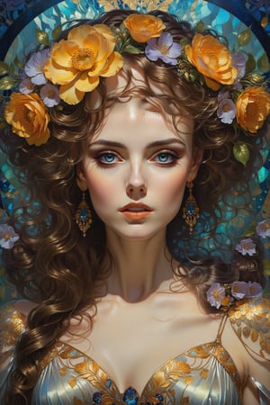 an oil painting in the style of gustav Klimt, a young woman dressed in sparkling high fashion, art nouveau art, luminescent, gothic chic, smooth, extremely detailed, expressive, dramatic lighting, contemporary, iconic album cover, ethereal, vibrant colourful large flower botanical theme background,, art nouveau, art by donatio giancola, charlie bowater, claudio errico, symmetric, detailed face, detailed eyes, highly detailed, 8k, volumetric lighting, cinematic lighting, intense, sharp focus, anatomically correct, intricate