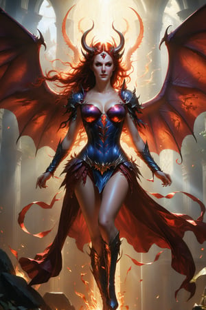 wide shot, full body, photorealistic of succubus mistress (from heroes might & magic 5), ultra-high resolution, photographic light, illustration by MSchiffer, fairytale, sunbeams, best quality, best resolution, cinematic lighting, Hyper detailed, Hyper realistic, masterpiece, atmospheric, high resolution, vibrant, dynamic studio lighting, wlop, Glenn Brown, Carne Griffiths, Alex Ross, artgerm and james jean, spotlight, fantasy, surreal