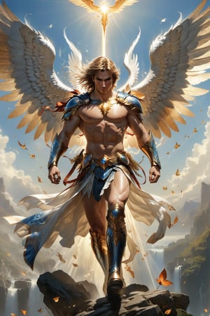 wide shot, full body, photorealistic of male seraph (from heroes might & magic 5), ultra-high resolution, photographic light, illustration by MSchiffer, fairytale, sunbeams, best quality, best resolution, cinematic lighting, Hyper detailed, Hyper realistic, masterpiece, atmospheric, high resolution, vibrant, dynamic studio lighting, wlop, Glenn Brown, Carne Griffiths, Alex Ross, artgerm and james jean, spotlight, fantasy, surreal