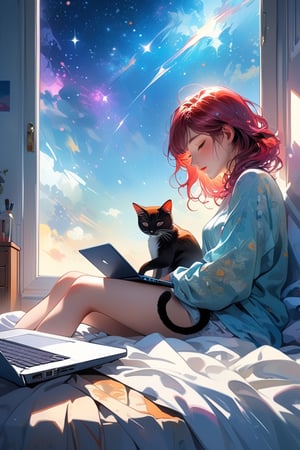 a woman sits on her bed gazing out of her bedroom window at the starry night sky, her laptop in front of her, female figure is petite, with long auburn/brown hair. next to her on the bed, a cat is sleeping; simplistic style, cozy feeling, soft dim light, blue and purple color palette; tumblr illustration, cartoon vector, comic book style, dynamic background, 4k resolution, masterpiece, best quality, Photorealistic, whimsical, illustration by MSchiffer, cinematic lighting, Hyper detailed, atmospheric, vibrant, dynamic studio lighting, wlop, Glenn Brown, Carne Griffiths, Alex Ross, artgerm and james jean, spotlight, fantasy, surreal, from the collaboration of Carne Griffiths and Wadim Kashin, ink and watercolor techniques blending,    Impasto Encaustic painting! Masterpiece, Magnificent Textures. Stylized Impasto Summerscape day, Warm complementary colors. detailed encaustic painting, deep color, fantastical, intricate detail, complementary colors, fantasy concept art, CGSociety,impressionist painting, watercolor effect, bokeh, fantasy art, watercolor effect, bokeh, digital painting, soft lighting, retro aesthetic, natural lighting, cinematic, masterpiece, highly detailed, intricate, extreme texture, octane render