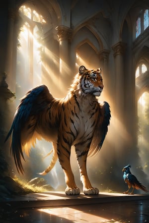 Wide shot, full body, A hybrid creature (harpy|tiger), dynamic background, 8k resolution, masterpiece, best quality, Photorealistic, ultra-high resolution, photographic light, illustration by MSchiffer, fairytale, sunbeams, best quality, best resolution, cinematic lighting, Hyper detailed, Hyper realistic, masterpiece, atmospheric, high resolution, vibrant, dynamic studio lighting, wlop, Glenn Brown, Carne Griffiths, Alex Ross, artgerm and james jean, spotlight, fantasy, surreal