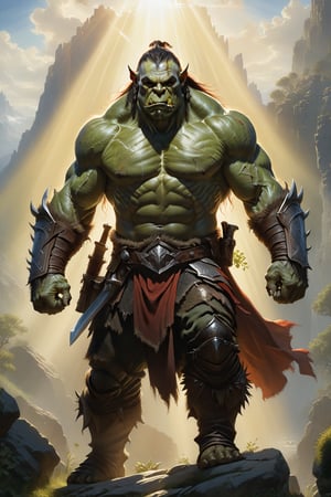 wide shot, full body, photorealistic of male Orc, masterpiece, best quality, Photorealistic, ultra-high resolution, photographic light, illustration by MSchiffer, fairytale, sunbeams, best quality, best resolution, cinematic lighting, Hyper detailed, Hyper realistic, masterpiece, atmospheric, high resolution, vibrant, dynamic studio lighting, wlop, Glenn Brown, Carne Griffiths, Alex Ross, artgerm and james jean, spotlight, fantasy, surreal
