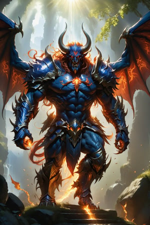 wide shot, full body, photorealistic of arch demon (from heroes might & magic 5), ultra-high resolution, photographic light, illustration by MSchiffer, fairytale, sunbeams, best quality, best resolution, cinematic lighting, Hyper detailed, Hyper realistic, masterpiece, atmospheric, high resolution, vibrant, dynamic studio lighting, wlop, Glenn Brown, Carne Griffiths, Alex Ross, artgerm and james jean, spotlight, fantasy, surreal