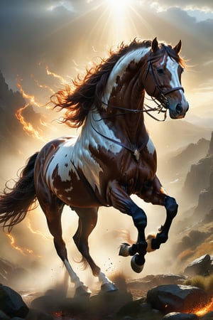 wide shot, full body, photorealistic of hell stallion (from heroes might & magic 5), ultra-high resolution, photographic light, illustration by MSchiffer, fairytale, sunbeams, best quality, best resolution, cinematic lighting, Hyper detailed, Hyper realistic, masterpiece, atmospheric, high resolution, vibrant, dynamic studio lighting, wlop, Glenn Brown, Carne Griffiths, Alex Ross, artgerm and james jean, spotlight, fantasy, surreal