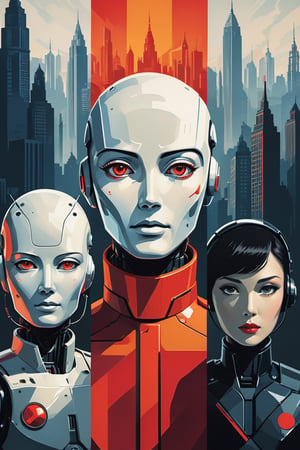 Create a visually striking propaganda poster emphasizing the theme 'Humanity vs AI'. The image should feature a dramatic confrontation between a group of diverse human figures, representing different ethnicities and genders, and a cold, metallic humanoid robot, symbolizing AI. The humans should appear determined and united, while the AI has a neutral, expressionless face. The background should be a cityscape at dusk, with shadows and a red-orange skyline that adds a sense of urgency and conflict. Incorporate bold, block text across the top or bottom with the phrase 'Choose Humanity'. The art style should mimic early 20th-century Soviet propaganda posters with simplified forms, stark contrasts, and a limited color palette dominated by red, black, and white. Ensure the camera angle is low, looking up at the figures to give them a monumental, heroic scale