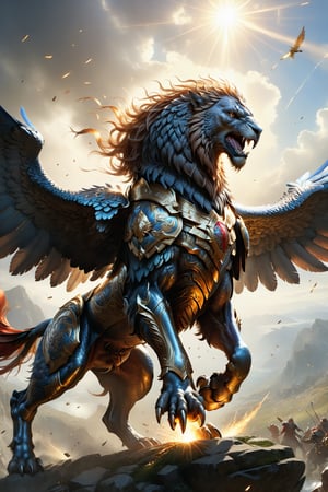 wide shot, full body, photorealistic of battle griffin (from heroes might & magic 5), ultra-high resolution, photographic light, illustration by MSchiffer, fairytale, sunbeams, best quality, best resolution, cinematic lighting, Hyper detailed, Hyper realistic, masterpiece, atmospheric, high resolution, vibrant, dynamic studio lighting, wlop, Glenn Brown, Carne Griffiths, Alex Ross, artgerm and james jean, spotlight, fantasy, surreal