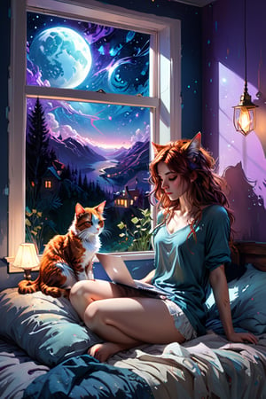 a woman sits on her bed gazing out of her bedroom window at the starry night sky, her laptop in front of her, female figure is petite, with long auburn/brown hair. next to her on the bed, a cat is sleeping; simplistic style, cozy feeling, soft dim light, blue and purple color palette; tumblr illustration, 4k resolution, masterpiece, best quality, Photorealistic, illustration by MSchiffer, cinematic lighting, Hyper detailed, atmospheric, vibrant, dynamic studio lighting, wlop, Glenn Brown, Carne Griffiths, Alex Ross, artgerm and james jean, spotlight, fantasy, surreal, from the collaboration of Carne Griffiths and Wadim Kashin, Magnificent Textures. Stylized Impasto Summerscape day, Warm complementary colors, intricate detail, complementary colors, cinematic, octane render