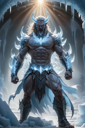 wide shot, full body, photorealistic of male ice demon, masterpiece, best quality, Photorealistic, ultra-high resolution, photographic light, illustration by MSchiffer, fairytale, sunbeams, best quality, best resolution, cinematic lighting, Hyper detailed, Hyper realistic, masterpiece, atmospheric, high resolution, vibrant, dynamic studio lighting, wlop, Glenn Brown, Carne Griffiths, Alex Ross, artgerm and james jean, spotlight, fantasy, surreal