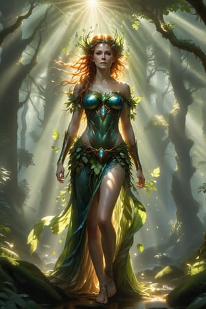 wide shot, full body, photorealistic of dryad (from heroes might & magic 5), ultra-high resolution, photographic light, illustration by MSchiffer, fairytale, sunbeams, best quality, best resolution, cinematic lighting, Hyper detailed, Hyper realistic, masterpiece, atmospheric, high resolution, vibrant, dynamic studio lighting, wlop, Glenn Brown, Carne Griffiths, Alex Ross, artgerm and james jean, spotlight, fantasy, surreal