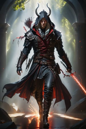 wide shot, full body, Create a male rogue/assassin tiefling with white skin, long silver hair, red eyes and a black hood.

dynamic background, 8k resolution, masterpiece, best quality, Photorealistic, ultra-high resolution, photographic light, illustration by MSchiffer, fairytale, sunbeams, best quality, best resolution, cinematic lighting, Hyper detailed, Hyper realistic, masterpiece, atmospheric, high resolution, vibrant, dynamic studio lighting, wlop, Glenn Brown, Carne Griffiths, Alex Ross, artgerm and james jean, spotlight, fantasy, surreal