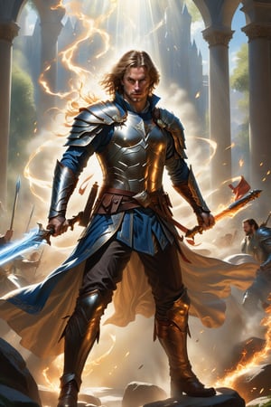 wide shot, full body, photorealistic of male battle mage, masterpiece, best quality, Photorealistic, ultra-high resolution, photographic light, illustration by MSchiffer, fairytale, sunbeams, best quality, best resolution, cinematic lighting, Hyper detailed, Hyper realistic, masterpiece, atmospheric, high resolution, vibrant, dynamic studio lighting, wlop, Glenn Brown, Carne Griffiths, Alex Ross, artgerm and james jean, spotlight, fantasy, surreal