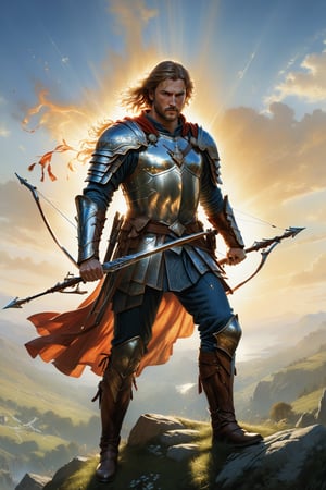 wide shot, full body, photorealistic of male crossbowman (from heroes might & magic 5), ultra-high resolution, photographic light, illustration by MSchiffer, fairytale, sunbeams, best quality, best resolution, cinematic lighting, Hyper detailed, Hyper realistic, masterpiece, atmospheric, high resolution, vibrant, dynamic studio lighting, wlop, Glenn Brown, Carne Griffiths, Alex Ross, artgerm and james jean, spotlight, fantasy, surreal