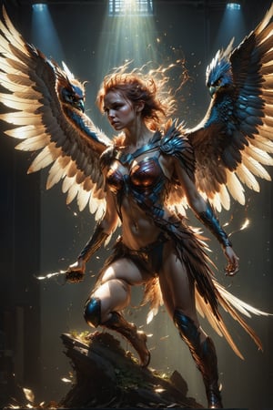 Wide shot, full body, A hybrid creature (harpy|ant), hold gun, dynamic background, 8k resolution, masterpiece, best quality, Photorealistic, ultra-high resolution, photographic light, illustration by MSchiffer, fairytale, sunbeams, best quality, best resolution, cinematic lighting, Hyper detailed, Hyper realistic, masterpiece, atmospheric, high resolution, vibrant, dynamic studio lighting, wlop, Glenn Brown, Carne Griffiths, Alex Ross, artgerm and james jean, spotlight, fantasy, surreal