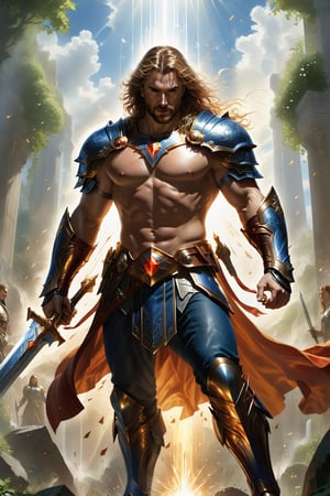 wide shot, full body, photorealistic of male vindicator (from heroes might & magic 5), ultra-high resolution, photographic light, illustration by MSchiffer, fairytale, sunbeams, best quality, best resolution, cinematic lighting, Hyper detailed, Hyper realistic, masterpiece, atmospheric, high resolution, vibrant, dynamic studio lighting, wlop, Glenn Brown, Carne Griffiths, Alex Ross, artgerm and james jean, spotlight, fantasy, surreal