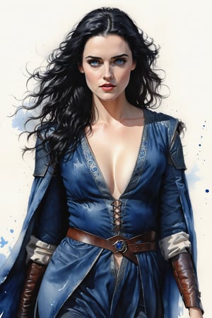 wide shot, full body, Rustic Sketchbook Style, Sketch Book, Hand Drawn, Dark, Gritty, Realistic Sketch, Rough Sketch, Mix of Bold Dark Lines and Loose Lines, Bold Lines, On Paper, Turnaround Character Sheet, a ((Stunningly Beautiful Goddess YoungWoman)), ((Black Hair)), ((Noble Duchess)), ((Sapphire Blue Eyes)), ((Katie McGrath)), ((45 Years Old)), Natural Light, Dynamic, Highly Detailed, Watercolor Painting, Watercolor Paper, Artstation, Concept Art, Smooth and Crisp, Sharp Focus, Illustration, High Shot, Slim Body, ((Cold clothes composed of skins like GoT's Winterfell, Clothes of a Duchess)), ((Long Black Hair)), (Full Body), (Runes Symbols), Clear Theme, Perfect Composition Ratio, Masterpiece, Best Quality, 4K, Sharp Focus. Better Hand, Perfect Anatomy. by AYMSHANK