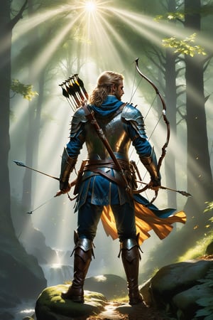 wide shot, full body, photorealistic of arcane archer (from heroes might & magic 5), ultra-high resolution, photographic light, illustration by MSchiffer, fairytale, sunbeams, best quality, best resolution, cinematic lighting, Hyper detailed, Hyper realistic, masterpiece, atmospheric, high resolution, vibrant, dynamic studio lighting, wlop, Glenn Brown, Carne Griffiths, Alex Ross, artgerm and james jean, spotlight, fantasy, surreal