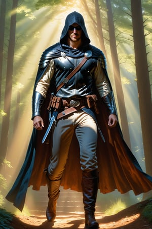 wide shot, full body, photorealistic of male bandit, masterpiece, best quality, Photorealistic, ultra-high resolution, photographic light, illustration by MSchiffer, fairytale, sunbeams, best quality, best resolution, cinematic lighting, Hyper detailed, Hyper realistic, masterpiece, atmospheric, high resolution, vibrant, dynamic studio lighting, wlop, Glenn Brown, Carne Griffiths, Alex Ross, artgerm and james jean, spotlight, fantasy, surreal