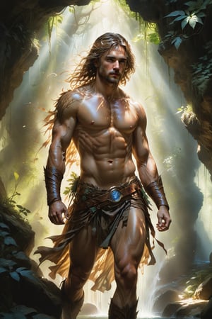 wide shot, full body, photorealistic of male troglodyte, masterpiece, best quality, Photorealistic, ultra-high resolution, photographic light, illustration by MSchiffer, fairytale, sunbeams, best quality, best resolution, cinematic lighting, Hyper detailed, Hyper realistic, masterpiece, atmospheric, high resolution, vibrant, dynamic studio lighting, wlop, Glenn Brown, Carne Griffiths, Alex Ross, artgerm and james jean, spotlight, fantasy, surreal