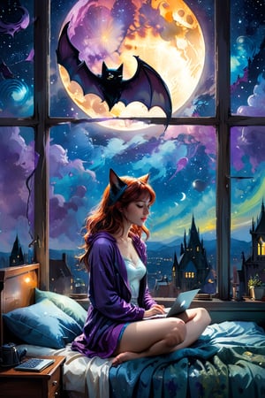 a female figure sits on her bed gazing out of her dark bedroom window at the starry night sky, her laptop in front of her; the dc comics bat signal can be seen outside the window; female figure is petite, with long auburn/brown hair. next to her on the bed, a cat is sleeping; simplistic style, cozy feeling, soft dim light, blue and purple color palette; tumblr illustration, cartoon vector, comic book style, dynamic background, 4k resolution, masterpiece, best quality, Photorealistic, whimsical, illustration by MSchiffer, cinematic lighting, Hyper detailed, atmospheric, vibrant, dynamic studio lighting, wlop, Glenn Brown, Carne Griffiths, Alex Ross, artgerm and james jean, spotlight, fantasy, surreal, from the collaboration of Carne Griffiths and Wadim Kashin, ink and watercolor techniques blending,    Impasto Encaustic painting! Masterpiece, Magnificent Textures. Stylized Impasto Summerscape day, Warm complementary colors. detailed encaustic painting, deep color, fantastical, intricate detail, complementary colors, fantasy concept art, CGSociety,impressionist painting, watercolor effect, bokeh, fantasy art, watercolor effect, bokeh, digital painting, soft lighting, retro aesthetic, natural lighting, cinematic, masterpiece, highly detailed, intricate, extreme texture, octane render