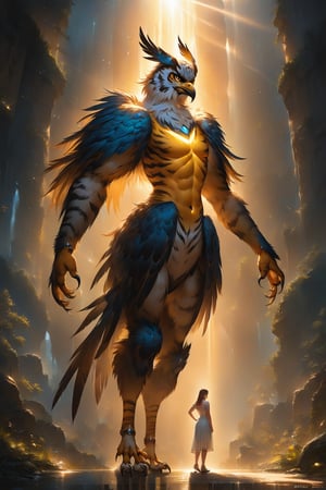 Wide shot, full body, A hybrid creature (harpy|tiger), dynamic background, 8k resolution, masterpiece, best quality, Photorealistic, ultra-high resolution, photographic light, illustration by MSchiffer, fairytale, sunbeams, best quality, best resolution, cinematic lighting, Hyper detailed, Hyper realistic, masterpiece, atmospheric, high resolution, vibrant, dynamic studio lighting, wlop, Glenn Brown, Carne Griffiths, Alex Ross, artgerm and james jean, spotlight, fantasy, surreal