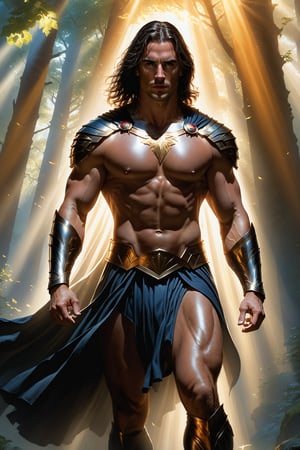 wide shot, full body, photorealistic of male Dark champion, masterpiece, best quality, Photorealistic, ultra-high resolution, photographic light, illustration by MSchiffer, fairytale, sunbeams, best quality, best resolution, cinematic lighting, Hyper detailed, Hyper realistic, masterpiece, atmospheric, high resolution, vibrant, dynamic studio lighting, wlop, Glenn Brown, Carne Griffiths, Alex Ross, artgerm and james jean, spotlight, fantasy, surreal