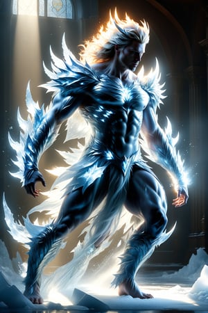 wide shot, full body, photorealistic of male ice demon, masterpiece, best quality, Photorealistic, ultra-high resolution, photographic light, illustration by MSchiffer, fairytale, sunbeams, best quality, best resolution, cinematic lighting, Hyper detailed, Hyper realistic, masterpiece, atmospheric, high resolution, vibrant, dynamic studio lighting, wlop, Glenn Brown, Carne Griffiths, Alex Ross, artgerm and james jean, spotlight, fantasy, surreal