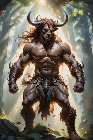 wide shot, full body, photorealistic of male minotaur, masterpiece, best quality, Photorealistic, ultra-high resolution, photographic light, illustration by MSchiffer, fairytale, sunbeams, best quality, best resolution, cinematic lighting, Hyper detailed, Hyper realistic, masterpiece, atmospheric, high resolution, vibrant, dynamic studio lighting, wlop, Glenn Brown, Carne Griffiths, Alex Ross, artgerm and james jean, spotlight, fantasy, surreal