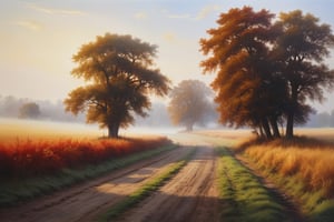 oil painting of Landscape painting, a rural scene and some trees, in the style of mist, wimmelbilder, red and amber, rollei prego 90, photorealist painter,