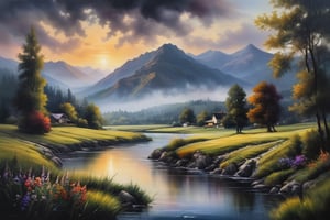 oil painting of Landscape painting, realistic image of nature with trees, water, mountains, sunset, the beauty of the countryside, fresh air in a busy world, cludy, Masterpiece, dark floral misty nature scene, dark mood