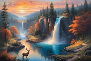 oil painting of Landscape painting, a vast cliff with a waterfall falling off the end, opening up into a beautiful blue pond, flanked by a clearing on all sides, with deer and birds everywhere and small fish swimming in the pond as the sun sets, dying the sky with rose gold and orange as the clouds shift around and night falls over the pine forest around the clearing thats filled with wild life, the beauty of the countryside, fresh air in a busy world, cludy, Masterpiece, dark floral misty nature scene