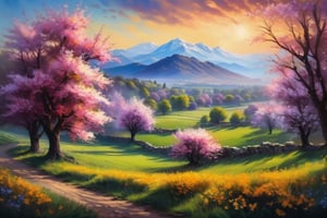 oil painting of Landscape painting, Create a majestic gouache art painting, depicting a spring landscape with blooming trees. Saturated colors, extreme details, HDR effect, 8k, Powerful hyperrealistic style, 3d render, the beauty of the countryside, fresh air in a busy world, cludy, Masterpiece, dark floral misty nature scene,